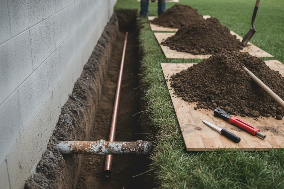 Excavated water line trench during Sewer Line Repair in Random Lake